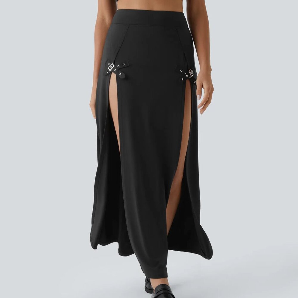Halara High Waisted Decorative Buckle Split 2-in-1 Maxi Skirt‎ Black Small NWT